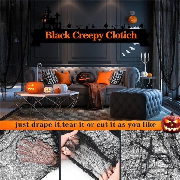 "5Pcs Halloween Creepy Cloth - Black 30x72inch Spooky Decorations for Indoor/Out - Picture 3 of 7